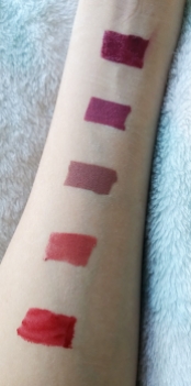 [Top to Bottom] Clinique- Red Violet, Pony Effect- #So Good, MAC- Sweet Thing, Pony Effect- Noble Bunch, Labiotte- RD01 Shiraz Red